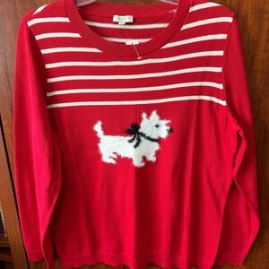 Talbots Red Sweater with White Stripes and Dog Design